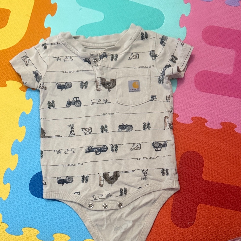 Carhartt Gray Baby Onesie with Farm Graphics